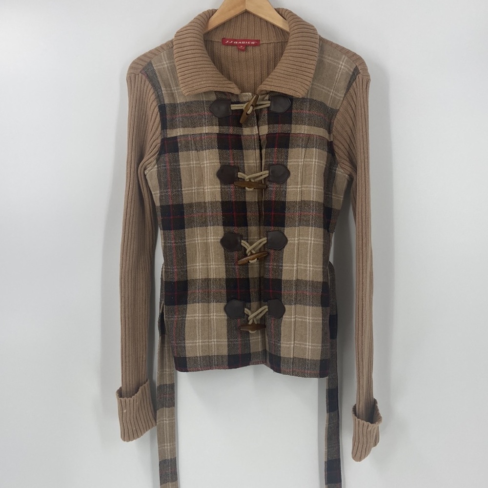 Sweater jacket wool blend chunky knit plaid toggle close
